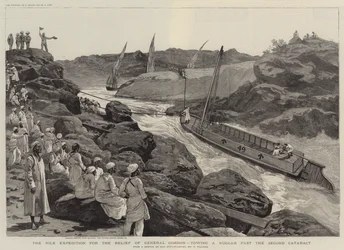 De Nijl-expeditie voor de verlichting van generaal Gordon, een Nuggar slepend langs de Tweede Cataract